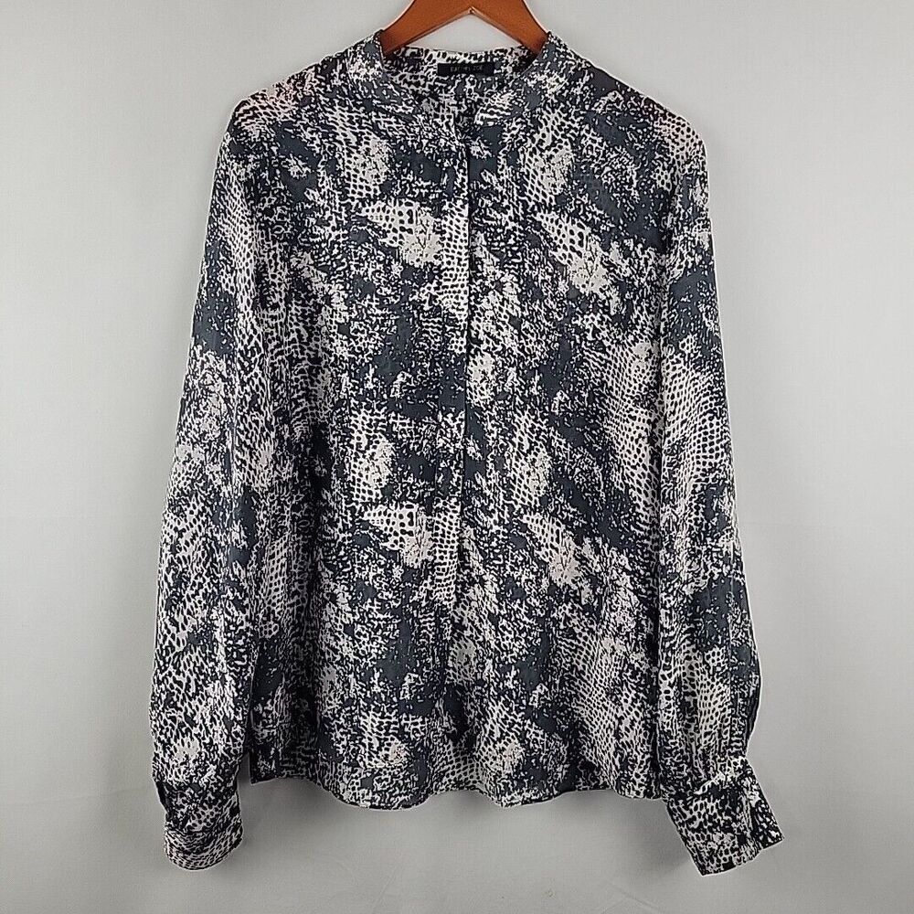 Rachel Zoe 100% Silk Blouse Womens 10 Gray Snakeskin Print Band Collar L/S Top